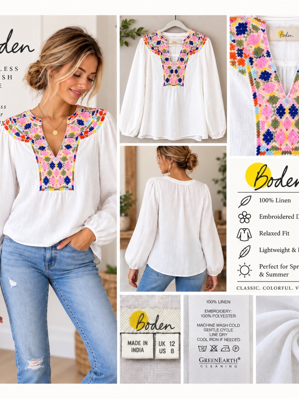 Boden White V-Neck Peasant Blouse with Multicolor Embroidery linen boho